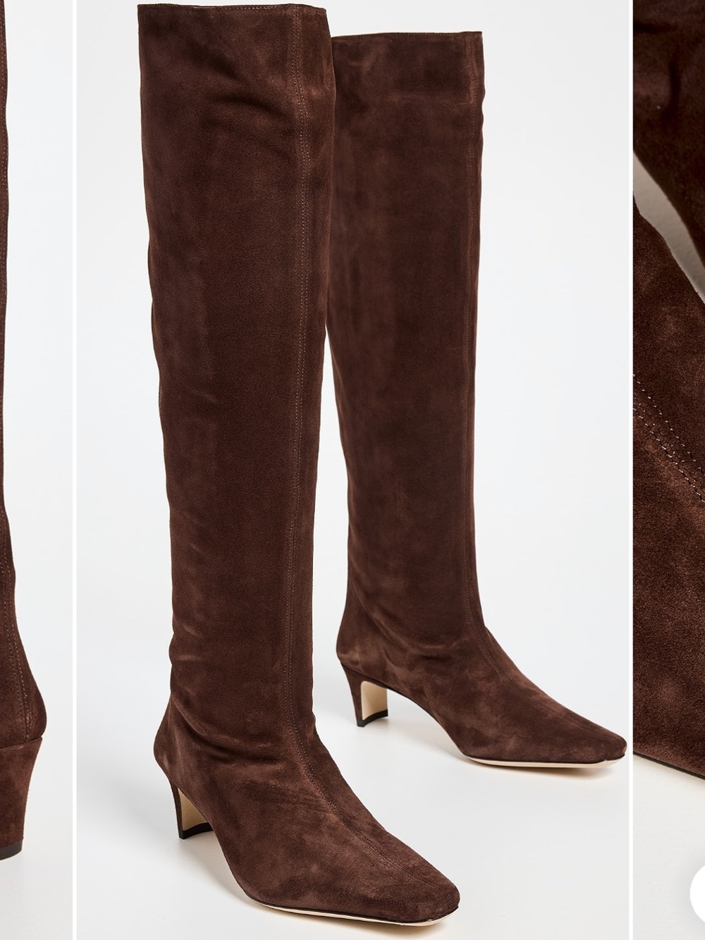 STAUD Wally Boots Mahogany Brown Suede Knee High Boots Kitten Heel pull on